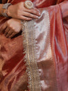 Banarasee Handwoven Plain Tissue Saree With Gold Zari Border & Lace-Peach