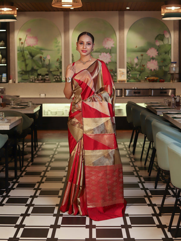 Banarasee Handwoven Tissue Saree With Geometric Pattern-Maroon & Gold