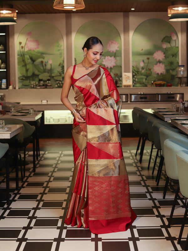 Banarasee Handwoven Tissue Saree With Geometric Pattern-Maroon & Gold