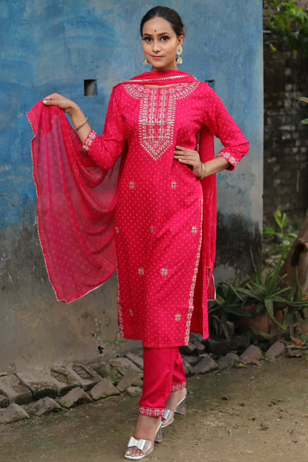 Banarasee Rayon Kurta Pants With Chiffon Dupatta Suit Set-Pink