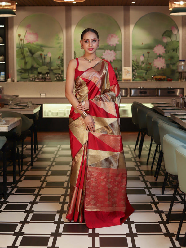 Banarasee Handwoven Tissue Saree With Geometric Pattern-Maroon & Gold