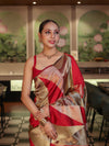 Banarasee Handwoven Tissue Saree With Geometric Pattern-Maroon & Gold