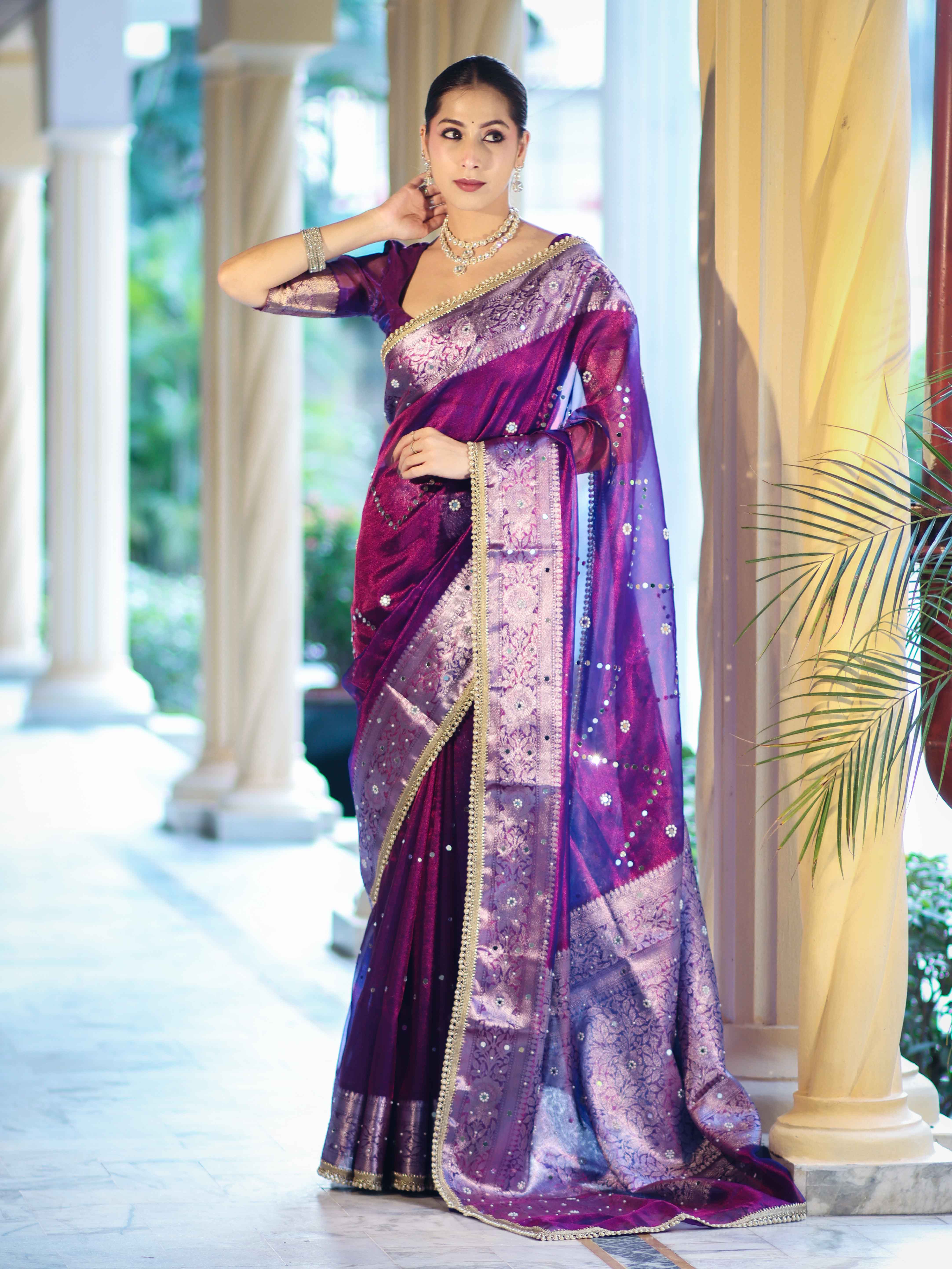 Banarasee Tissue Saree With Hand Embroidered Mirror Work Pearl Motifs & Zari Woven Pallu-Violet