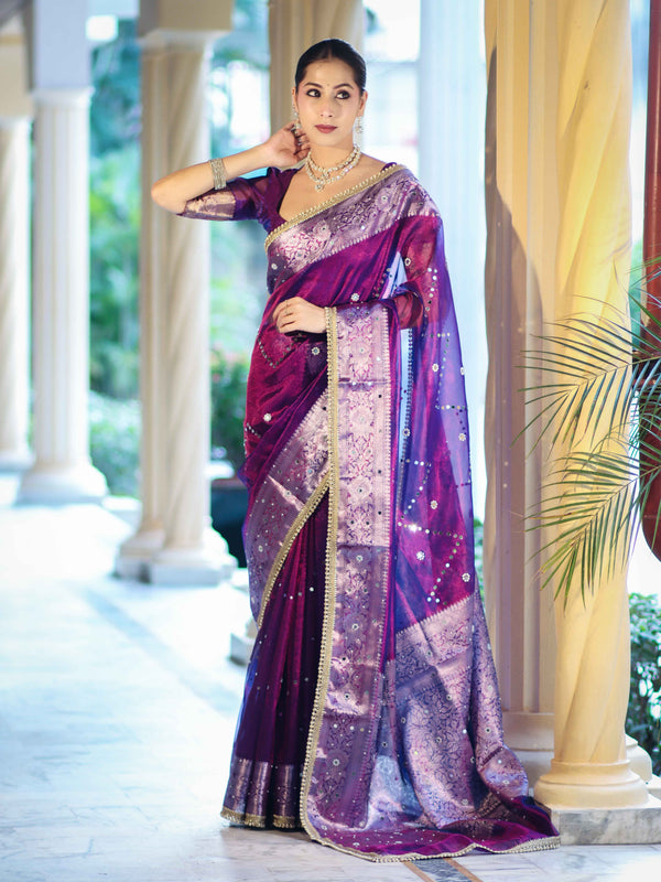 Banarasee Tissue Saree With Hand Embroidered Mirror Work Pearl Motifs & Zari Woven Pallu-Violet