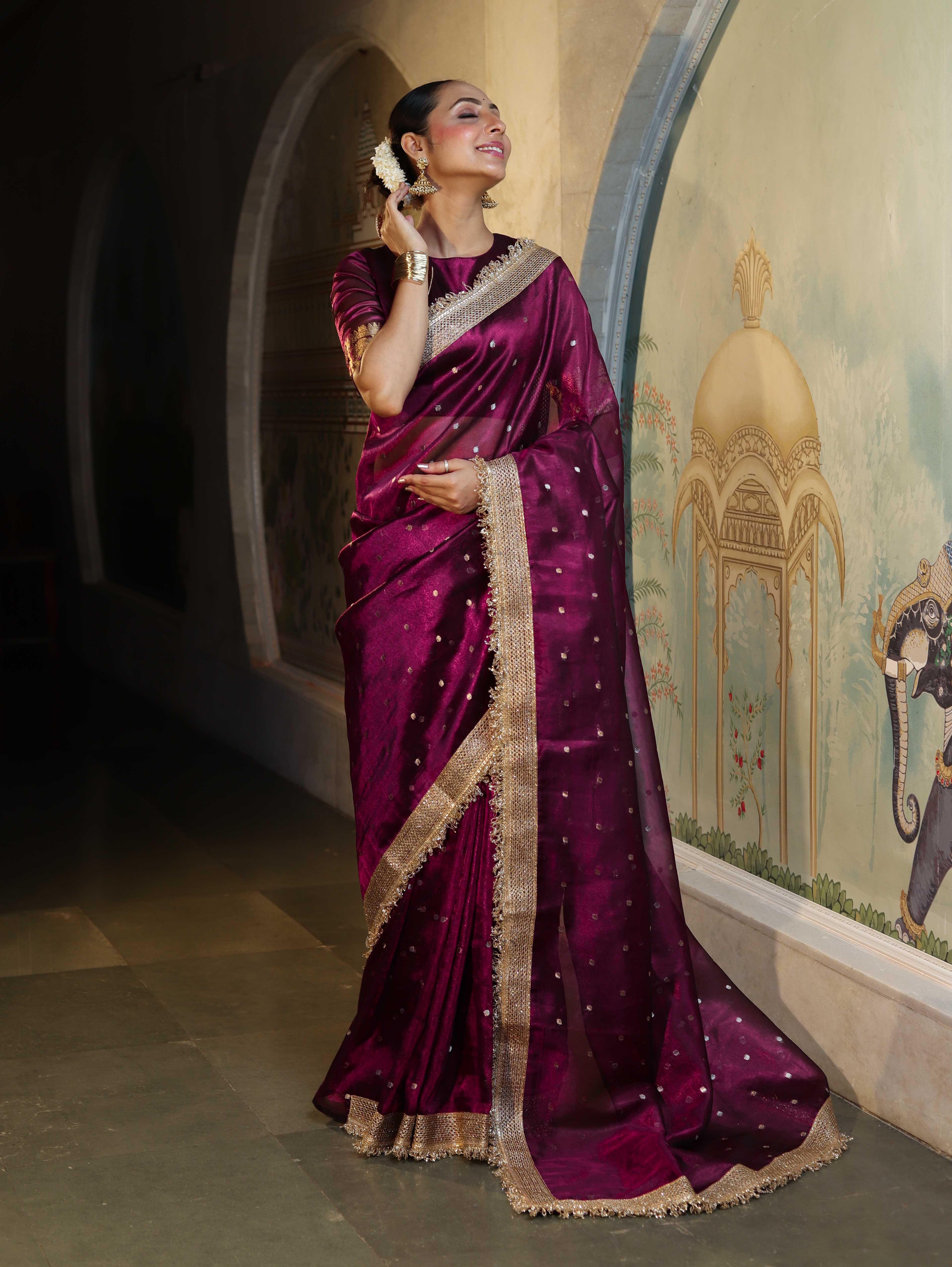 Banarasee Handwoven Tissue Saree With Zari Buti Design & Lace-Purple