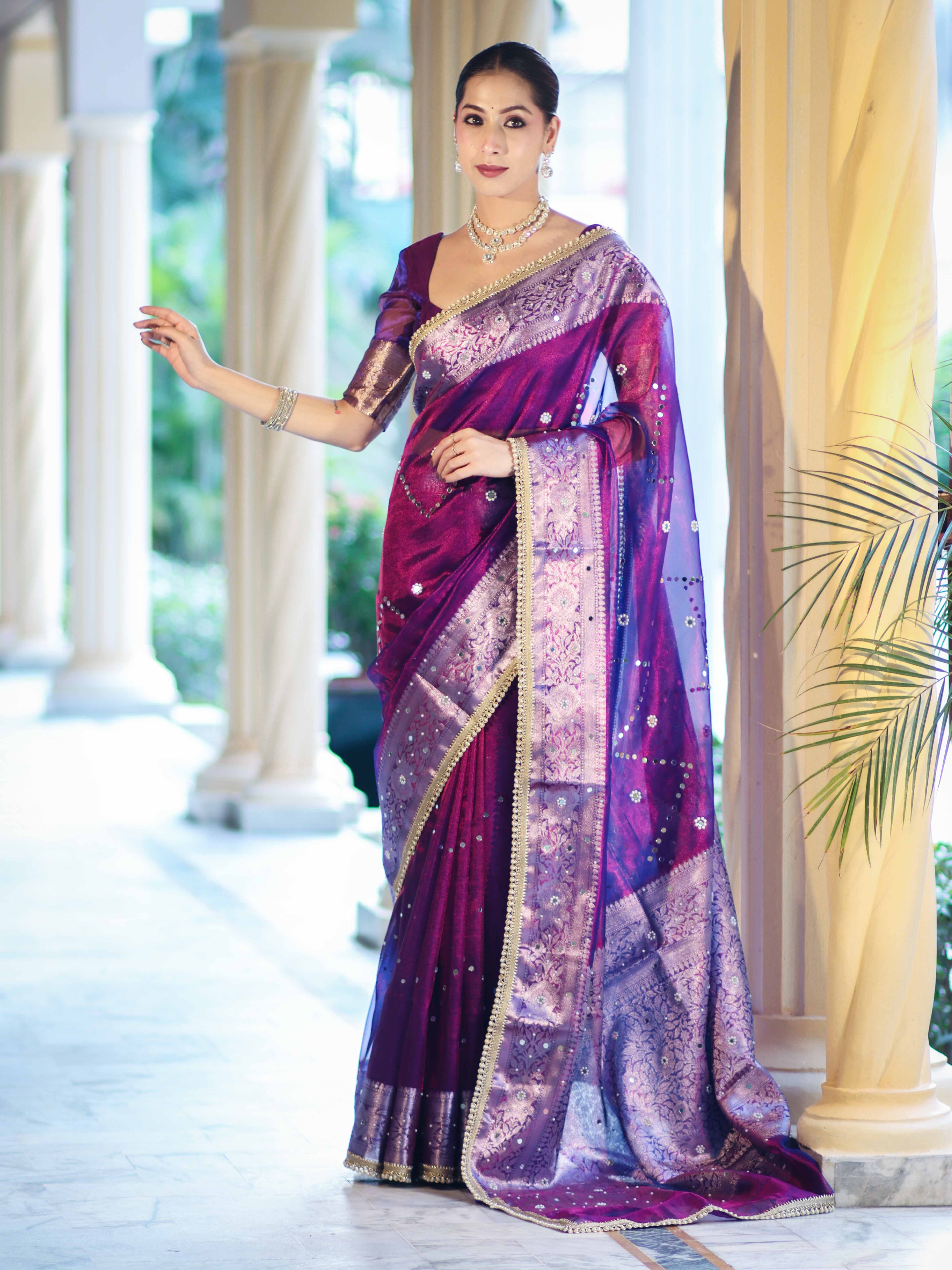 Banarasee Tissue Saree With Hand Embroidered Mirror Work Pearl Motifs & Zari Woven Pallu-Violet