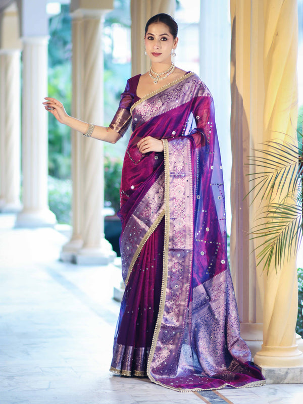 Banarasee Tissue Saree With Hand Embroidered Mirror Work Pearl Motifs & Zari Woven Pallu-Violet