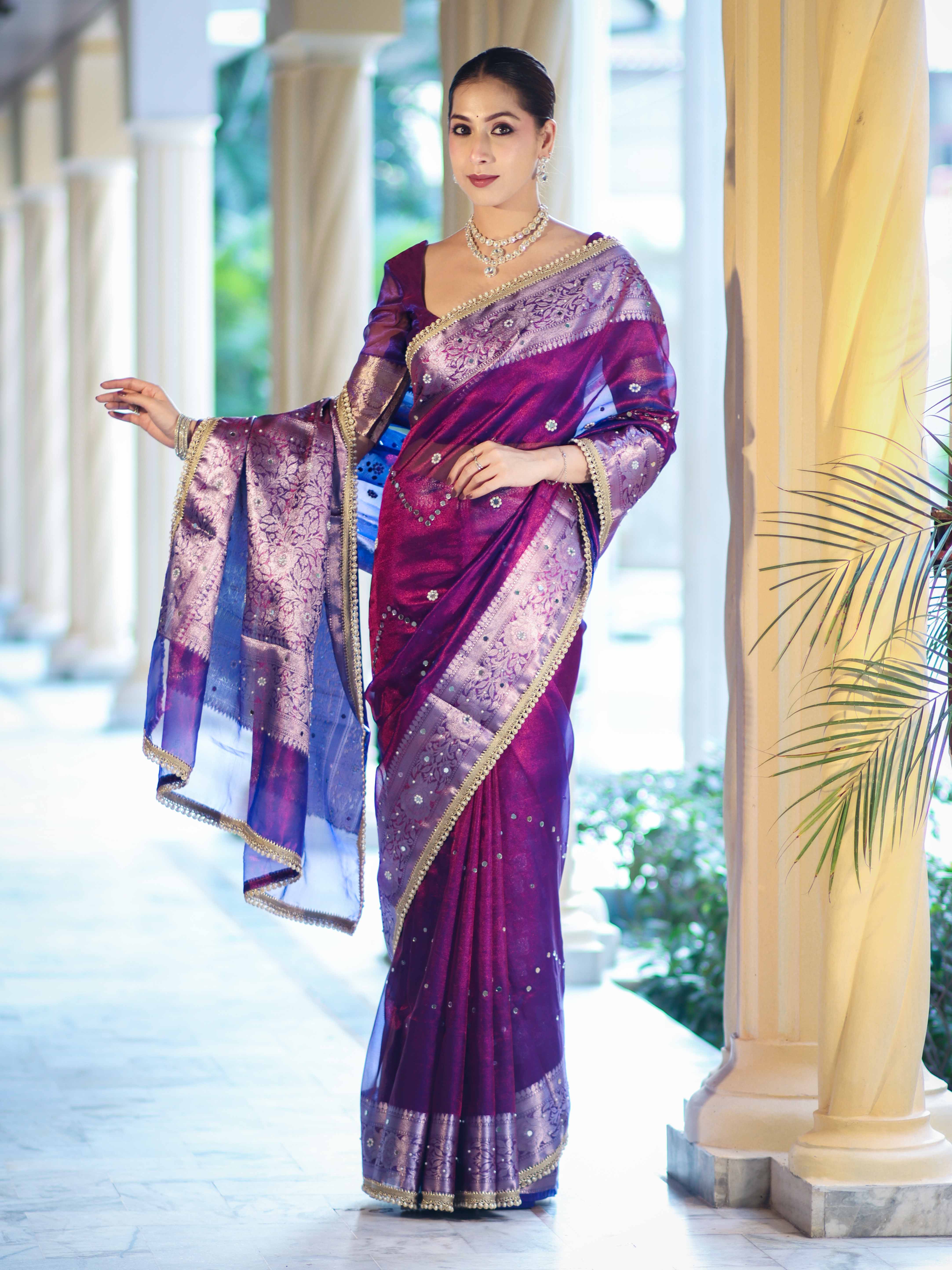 Banarasee Tissue Saree With Hand Embroidered Mirror Work Pearl Motifs & Zari Woven Pallu-Violet