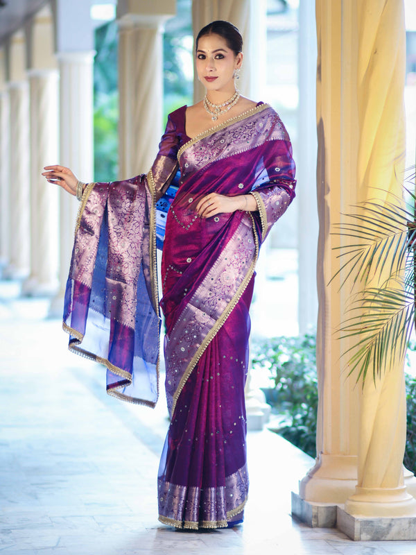 Banarasee Tissue Saree With Hand Embroidered Mirror Work Pearl Motifs & Zari Woven Pallu-Violet