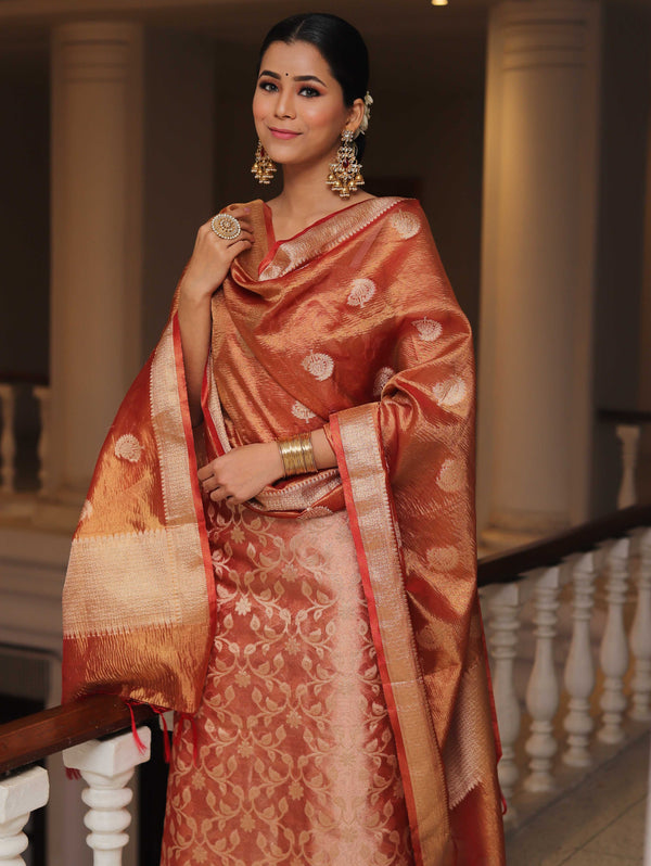 Banarasee Tissue Silk Salwar Kameez Fabric With Duaptta-Red