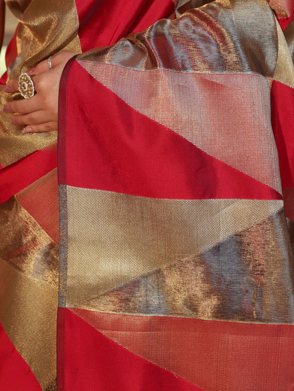 Banarasee Handwoven Tissue Saree With Geometric Pattern-Maroon & Gold