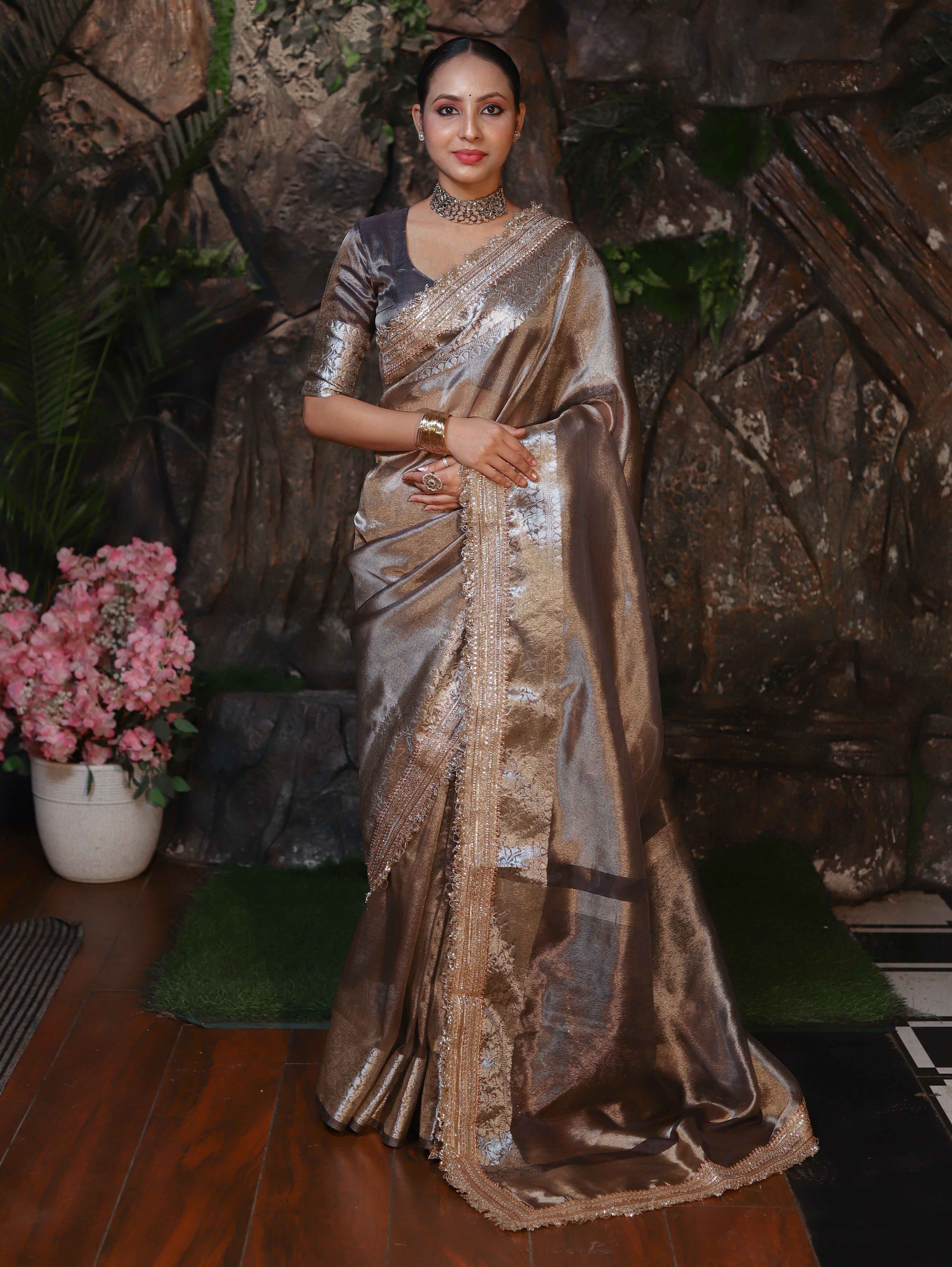 Banarasee Handwoven Plain Tissue Saree With Zari Border & Lace-Grey