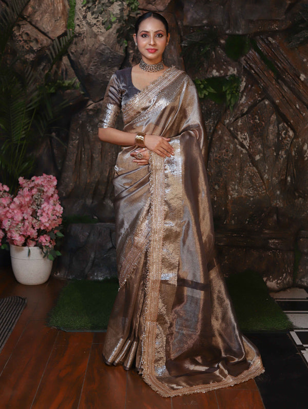 Banarasee Handwoven Plain Tissue Saree With Zari Border & Lace-Grey