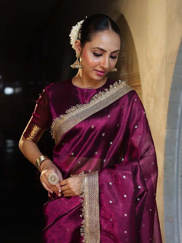 Banarasee Handwoven Tissue Saree With Zari Buti Design & Lace-Purple