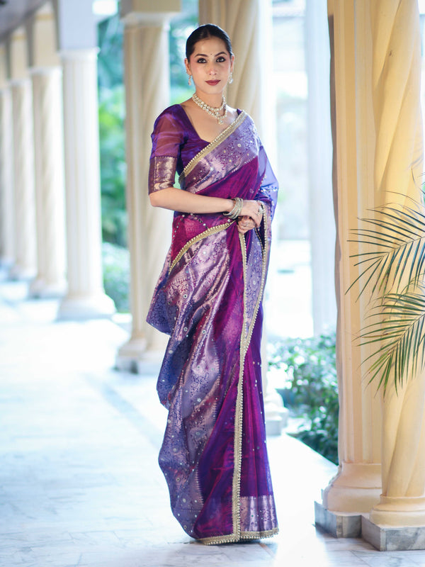 Banarasee Tissue Saree With Hand Embroidered Mirror Work Pearl Motifs & Zari Woven Pallu-Violet