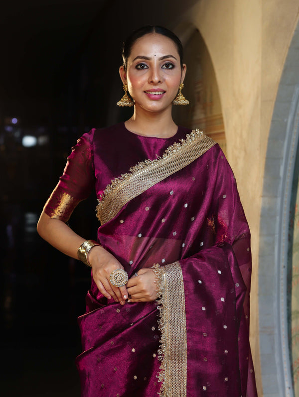 Banarasee Handwoven Tissue Saree With Zari Buti Design & Lace-Purple