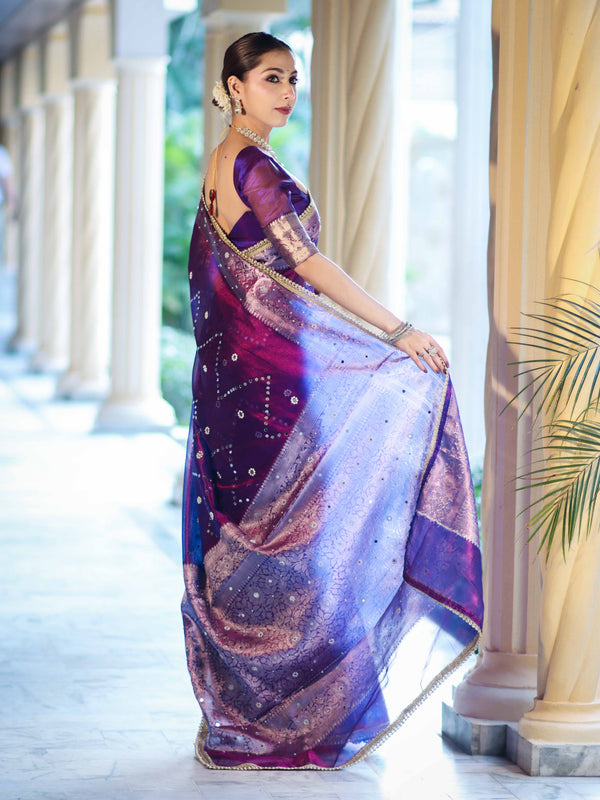 Banarasee Tissue Saree With Hand Embroidered Mirror Work Pearl Motifs & Zari Woven Pallu-Violet