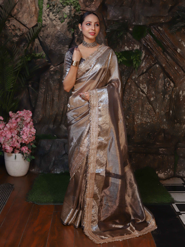 Banarasee Handwoven Plain Tissue Saree With Zari Border & Lace-Grey