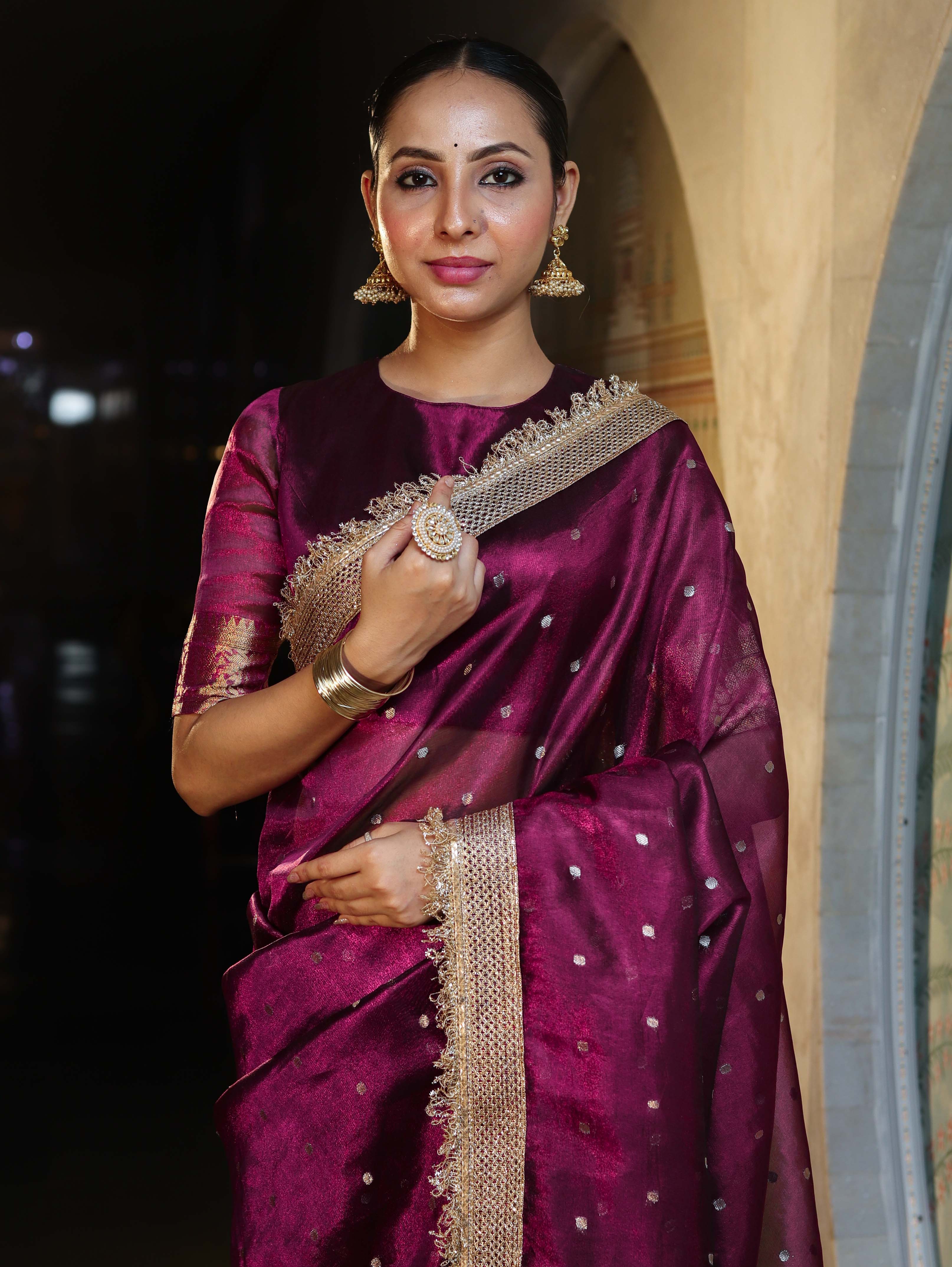 Banarasee Handwoven Tissue Saree With Zari Buti Design & Lace-Purple