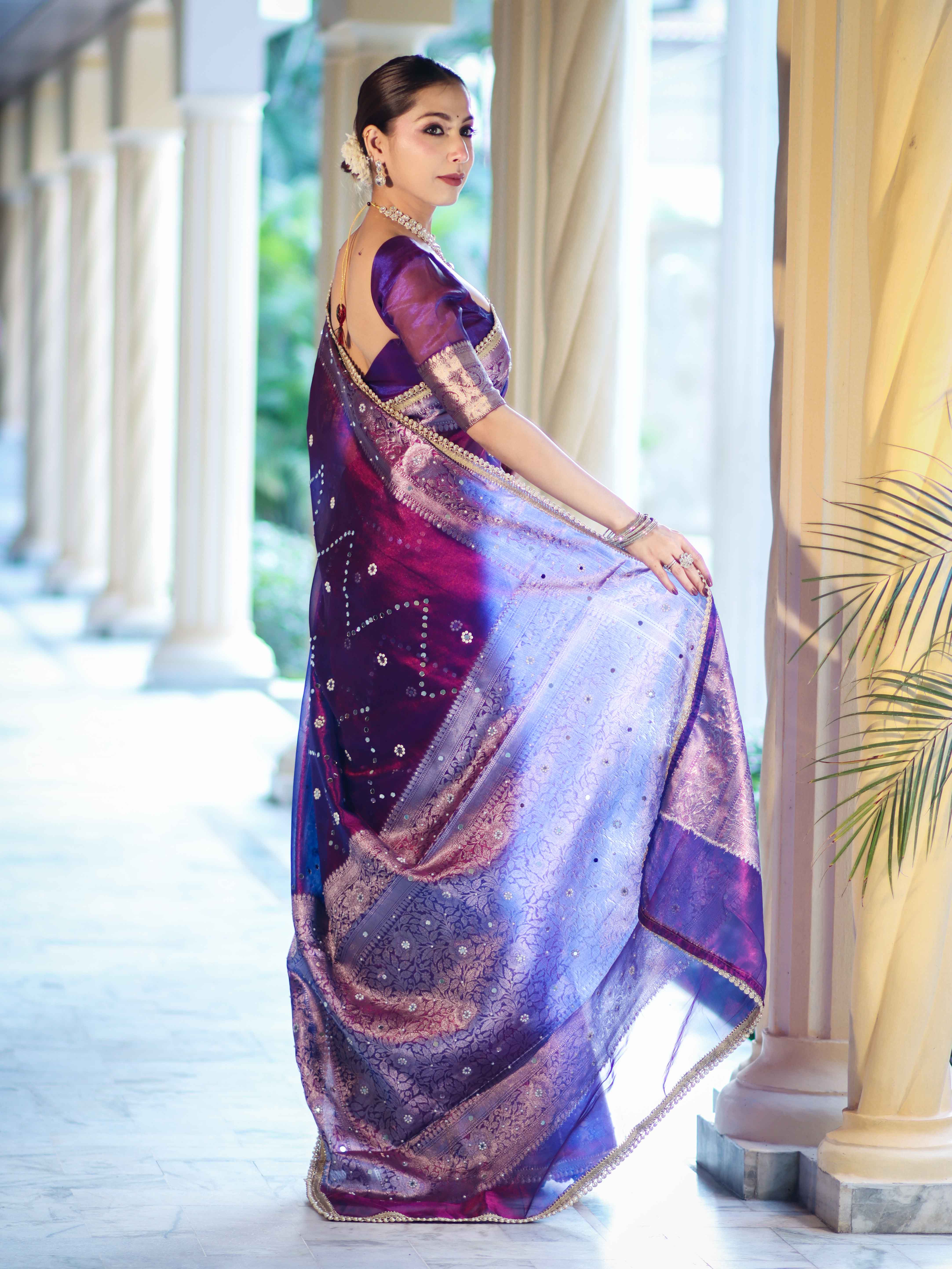 Banarasee Tissue Saree With Hand Embroidered Mirror Work Pearl Motifs & Zari Woven Pallu-Violet