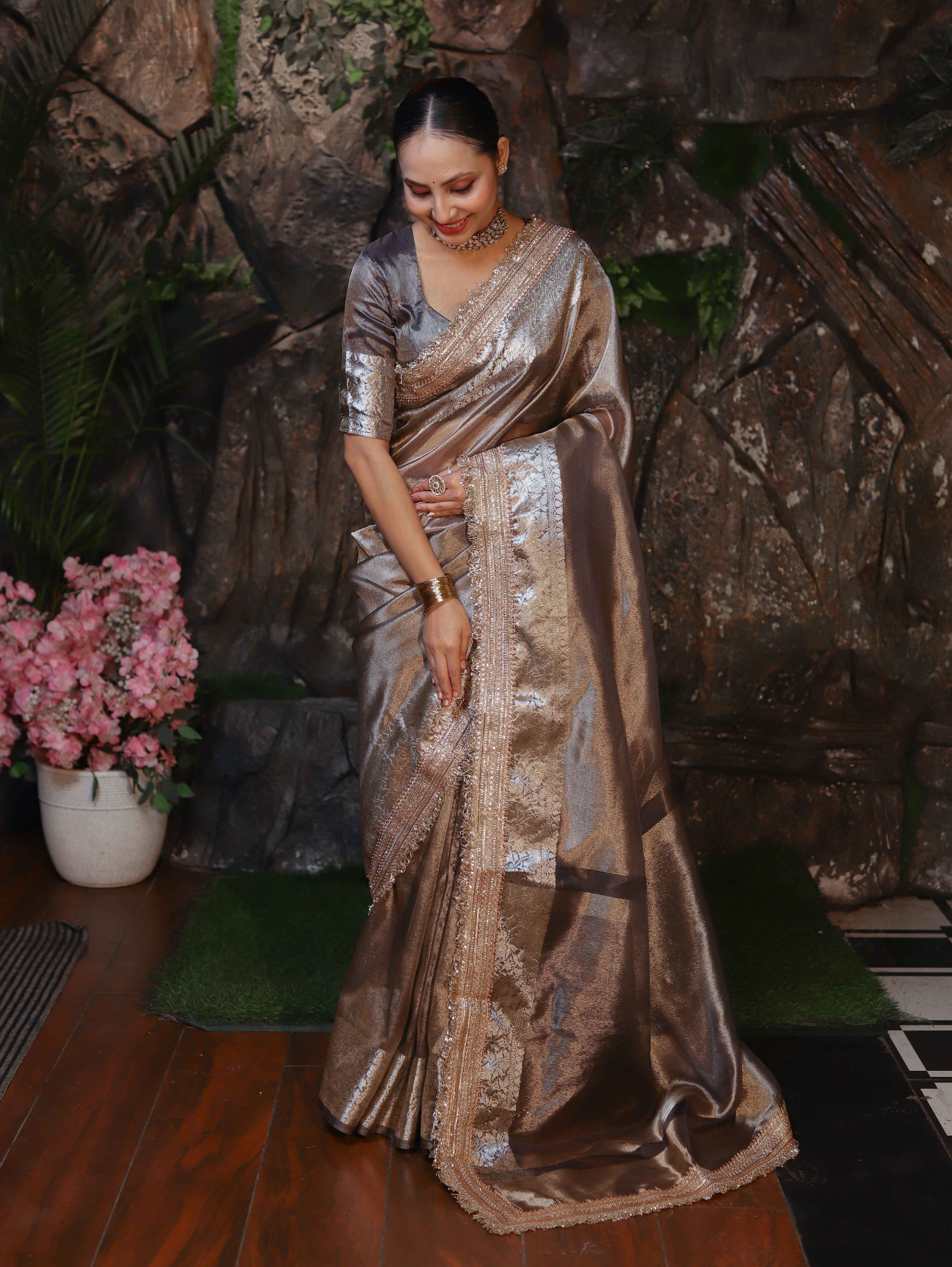 Banarasee Handwoven Plain Tissue Saree With Zari Border & Lace-Grey