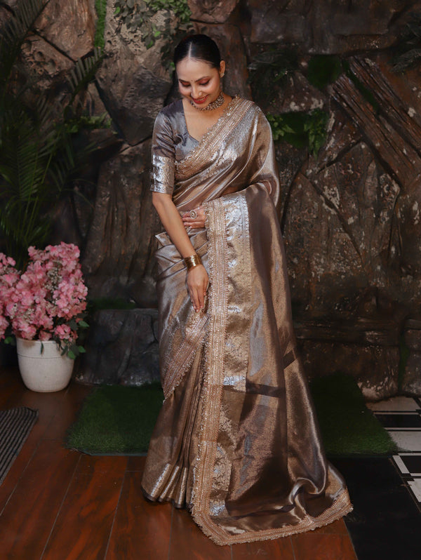 Banarasee Handwoven Plain Tissue Saree With Zari Border & Lace-Grey