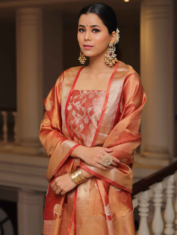 Banarasee Tissue Silk Salwar Kameez Fabric With Duaptta-Red