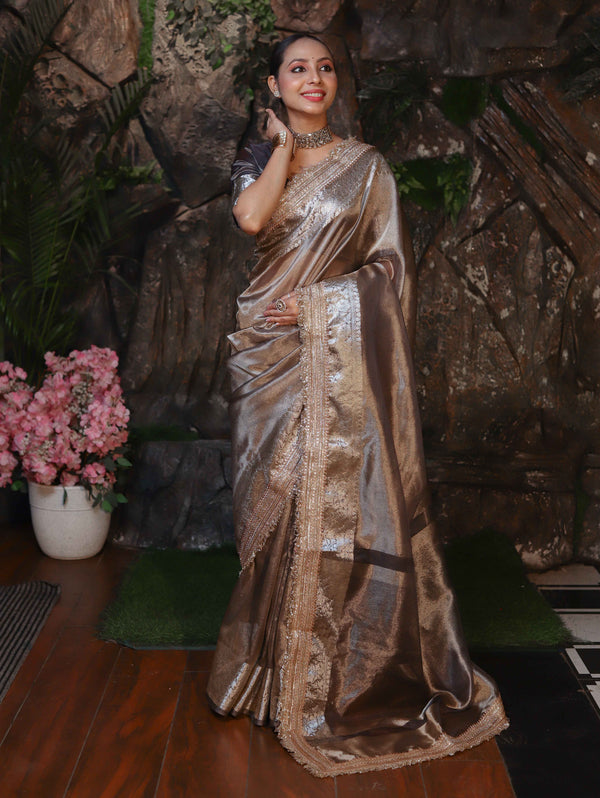 Banarasee Handwoven Plain Tissue Saree With Zari Border & Lace-Grey