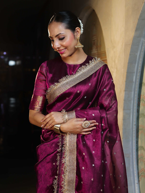 Banarasee Handwoven Tissue Saree With Zari Buti Design & Lace-Purple