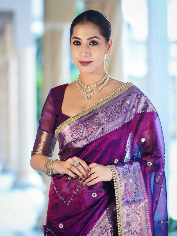Banarasee Tissue Saree With Hand Embroidered Mirror Work Pearl Motifs & Zari Woven Pallu-Violet