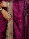 Banarasee Handwoven Tissue Saree With Zari Buti Design & Lace-Purple