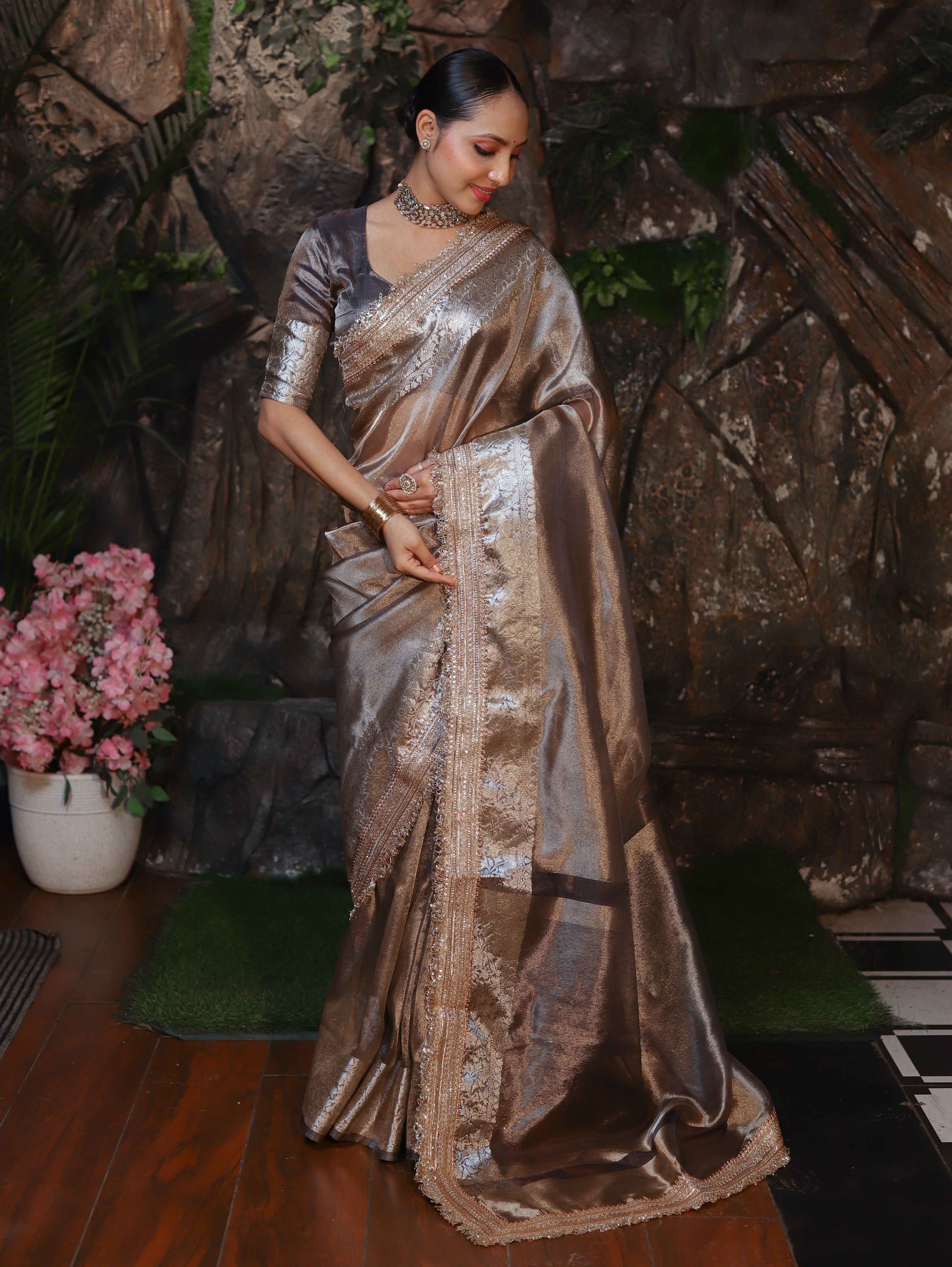 Banarasee Handwoven Plain Tissue Saree With Zari Border & Lace-Grey