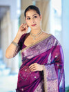 Banarasee Tissue Saree With Hand Embroidered Mirror Work Pearl Motifs & Zari Woven Pallu-Violet