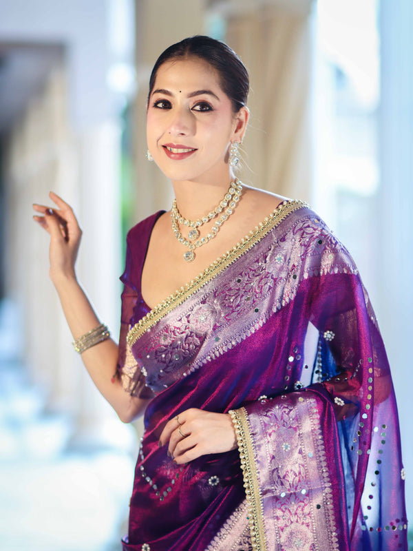 Banarasee Tissue Saree With Hand Embroidered Mirror Work Pearl Motifs & Zari Woven Pallu-Violet
