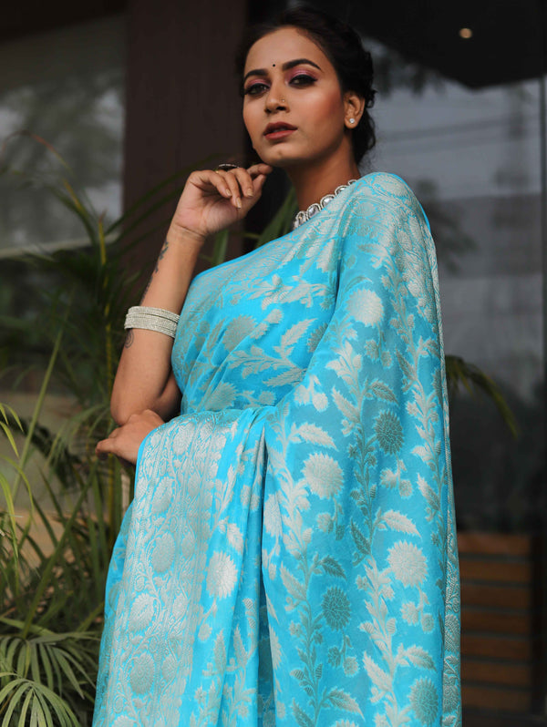 Banarasee Faux Georgette Saree With Silver Zari Work-Light Blue