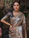 Banarasee Handwoven Plain Tissue Saree With Zari Border & Lace-Grey