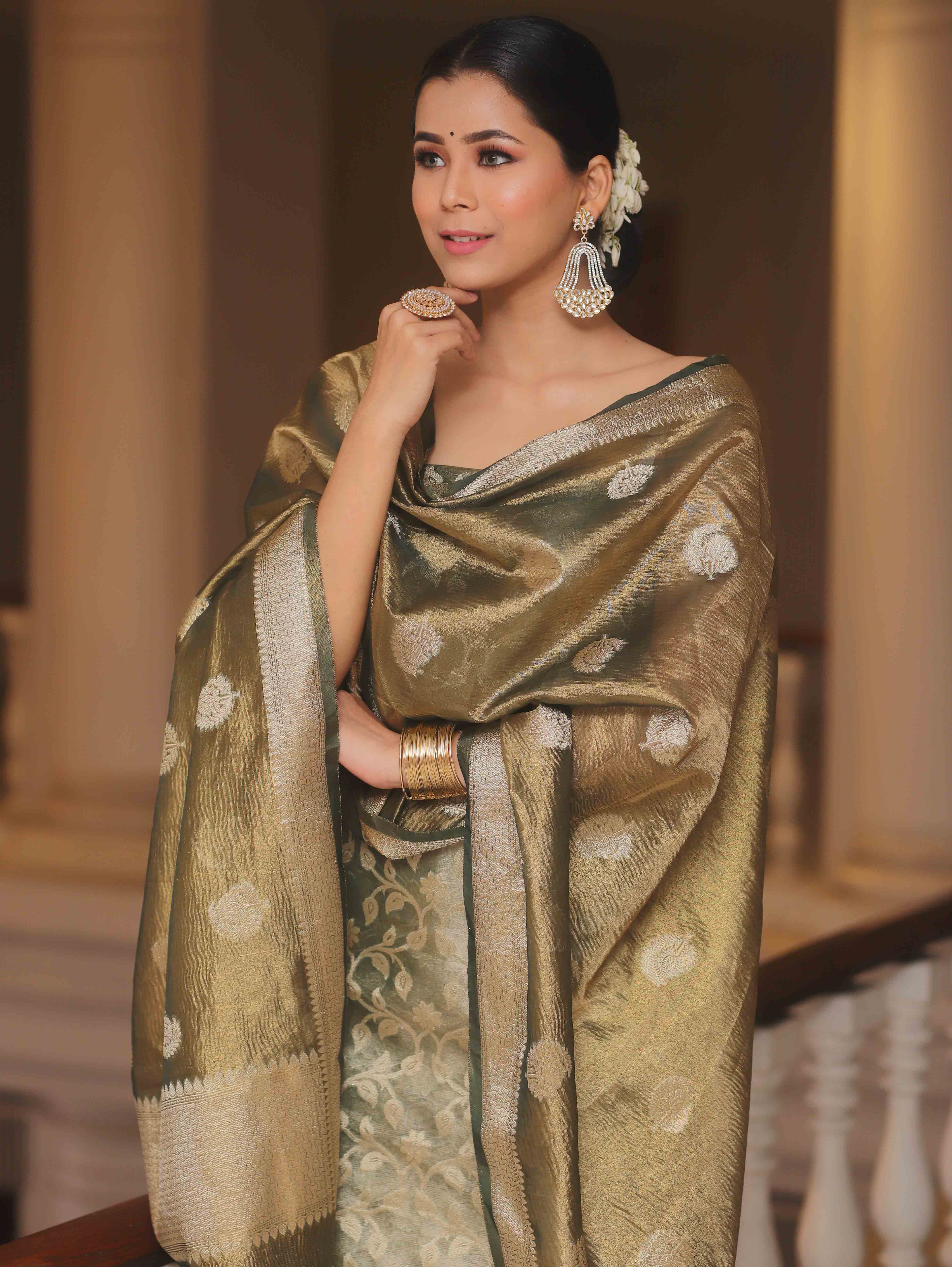Banarasee Tissue Silk Salwar Kameez Fabric With Dupatta-Green
