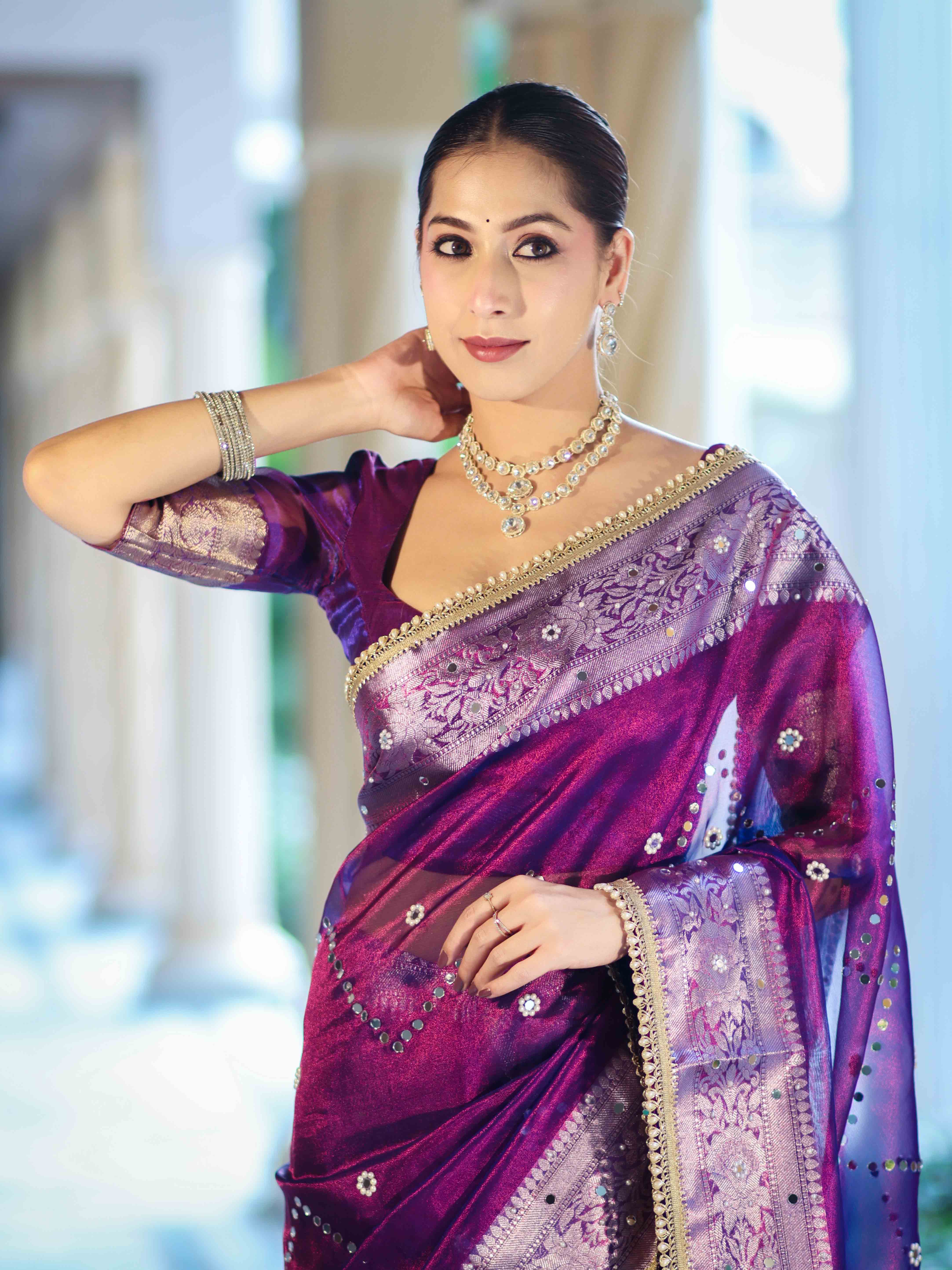 Banarasee Tissue Saree With Hand Embroidered Mirror Work Pearl Motifs & Zari Woven Pallu-Violet
