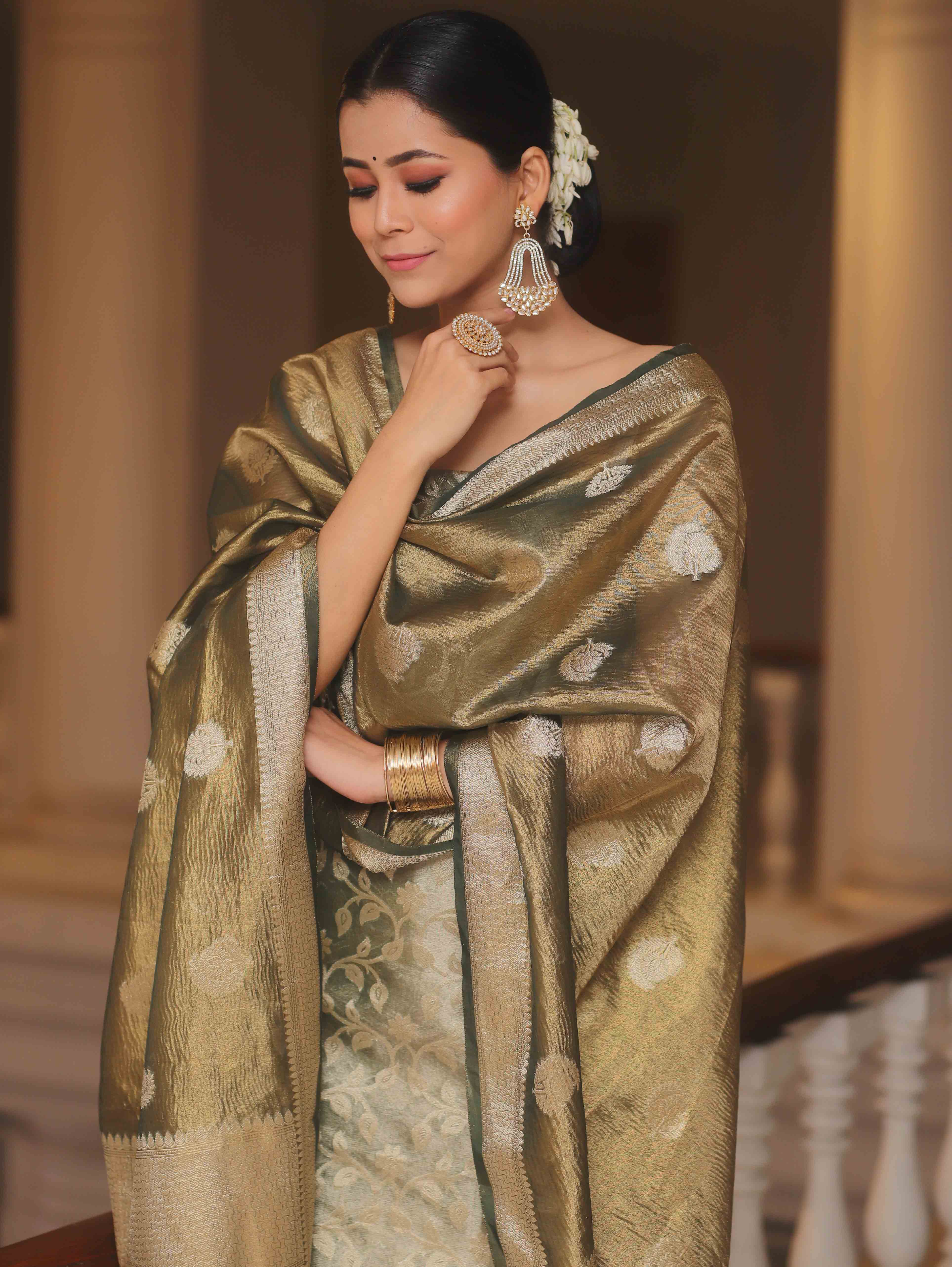 Banarasee Tissue Silk Salwar Kameez Fabric With Dupatta-Green