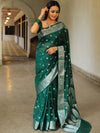 Banarasee Handwoven Semi-Chiffon Saree With Silver Zari Work-Green
