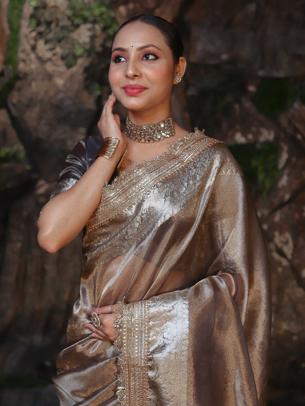 Banarasee Handwoven Plain Tissue Saree With Zari Border & Lace-Grey