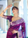 Banarasee Tissue Saree With Hand Embroidered Mirror Work Pearl Motifs & Zari Woven Pallu-Violet