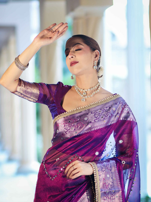 Banarasee Tissue Saree With Hand Embroidered Mirror Work Pearl Motifs & Zari Woven Pallu-Violet