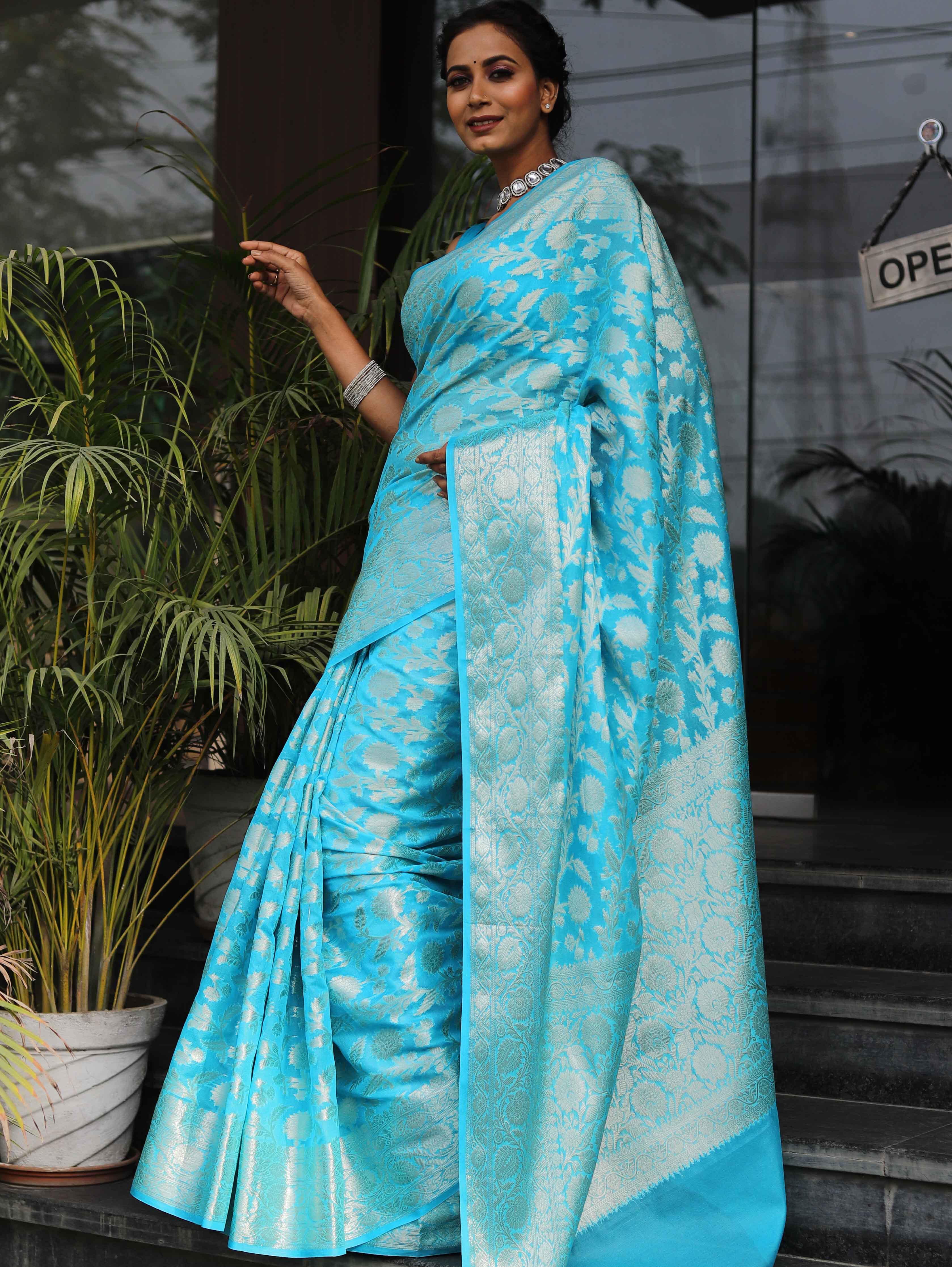 Banarasee Faux Georgette Saree With Silver Zari Work-Light Blue