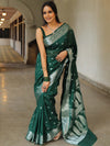 Banarasee Handwoven Semi-Chiffon Saree With Silver Zari Work-Green