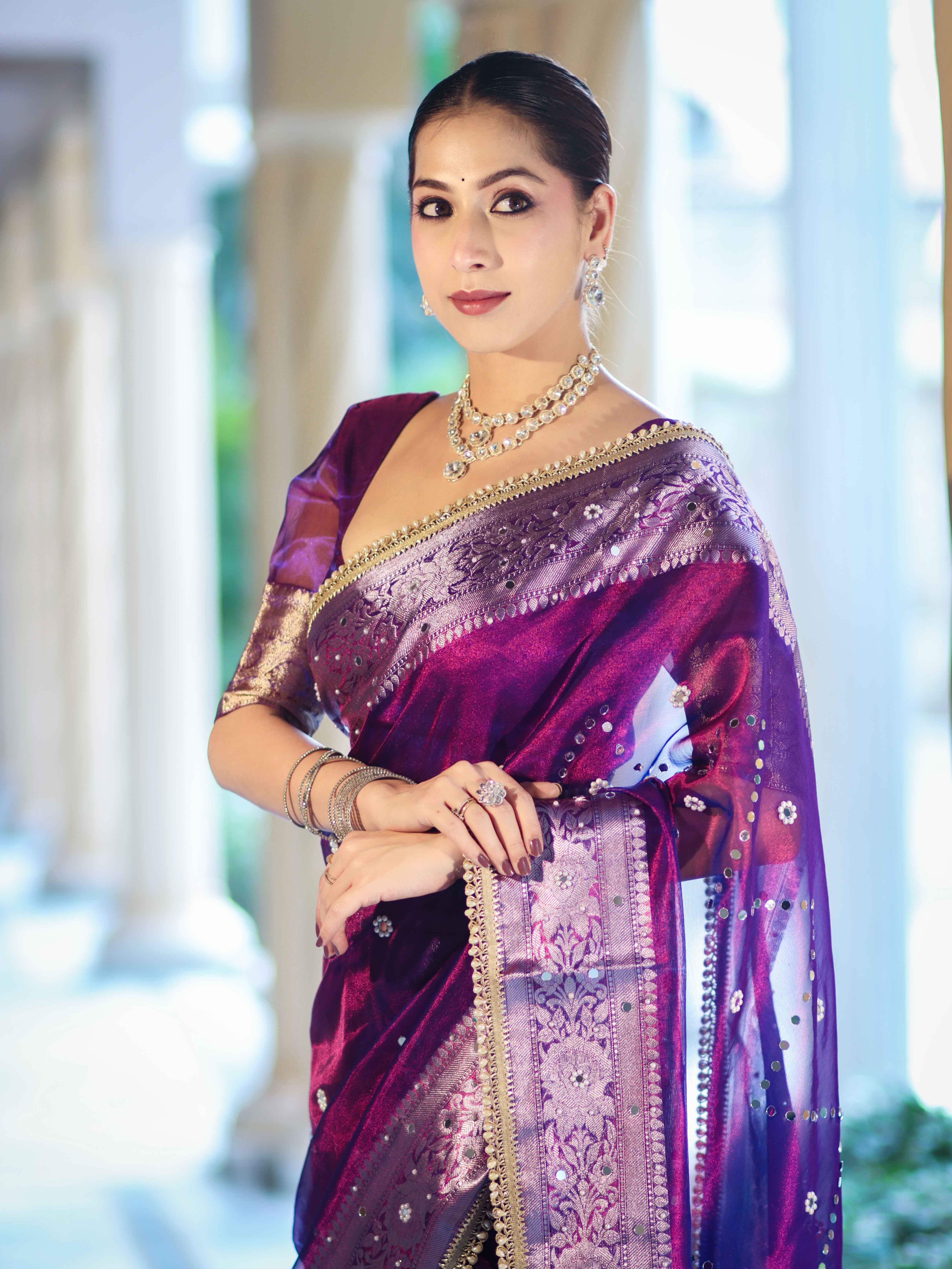 Banarasee Tissue Saree With Hand Embroidered Mirror Work Pearl Motifs & Zari Woven Pallu-Violet