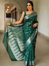 Banarasee Handwoven Semi-Chiffon Saree With Silver Zari Work-Green
