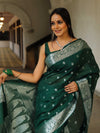Banarasee Handwoven Semi-Chiffon Saree With Silver Zari Work-Green