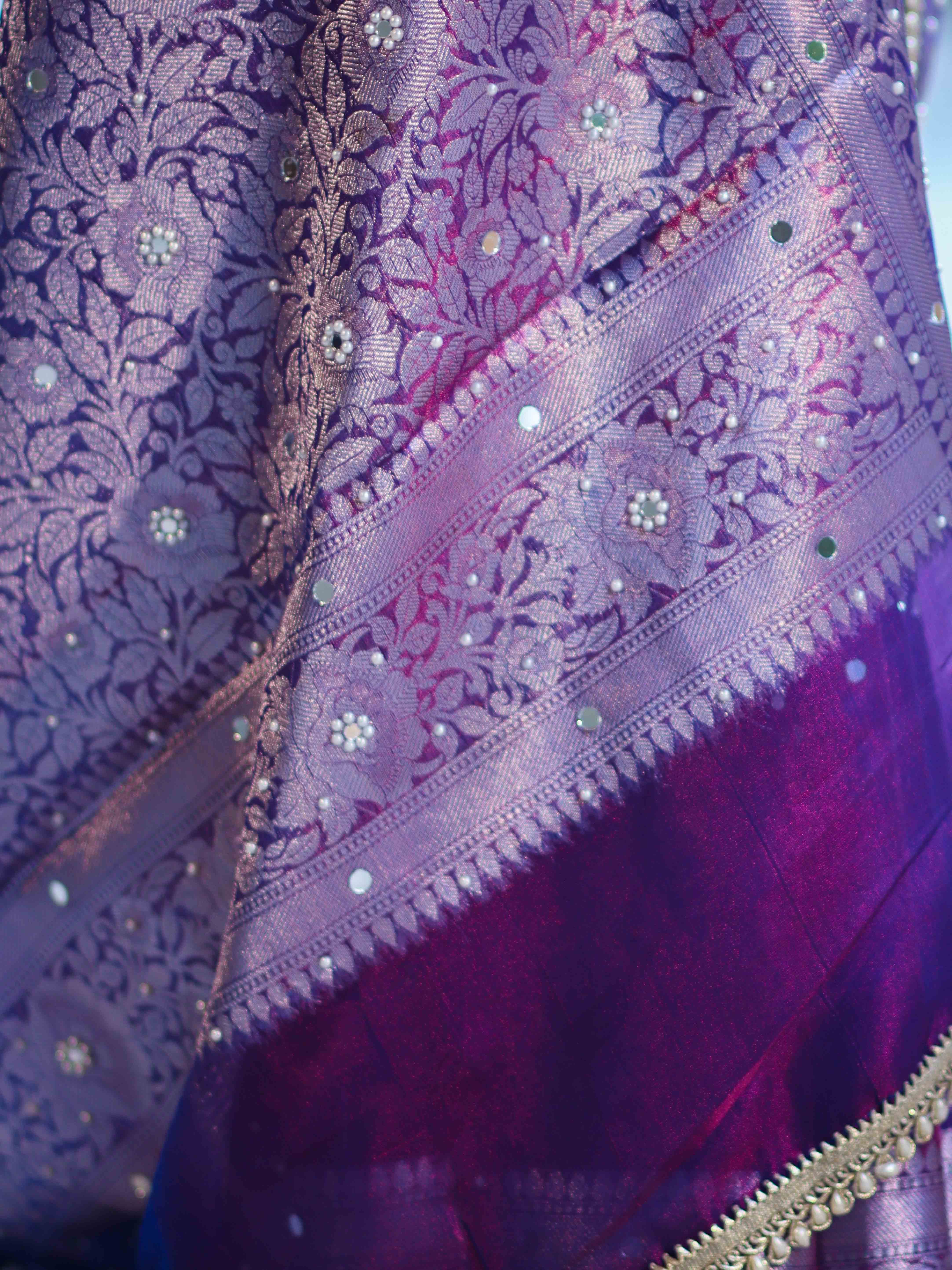 Banarasee Tissue Saree With Hand Embroidered Mirror Work Pearl Motifs & Zari Woven Pallu-Violet
