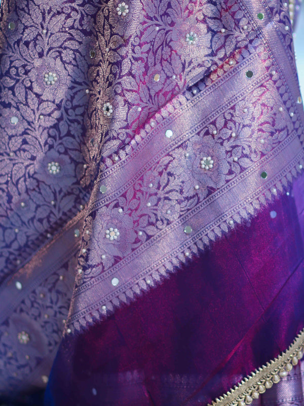 Banarasee Tissue Saree With Hand Embroidered Mirror Work Pearl Motifs & Zari Woven Pallu-Violet